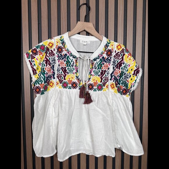 THML Top Small Womens White Embroidered Top Short Sleeve Frayed Boxy Babydoll - Picture 1 of 6
